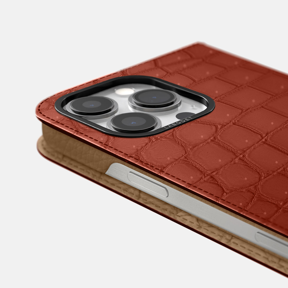 Mahogany-Brown iPhone 16 Pro Max Folio Case Porosus Crocodile with Black Metal -5 | Mahogany-Brown-Black