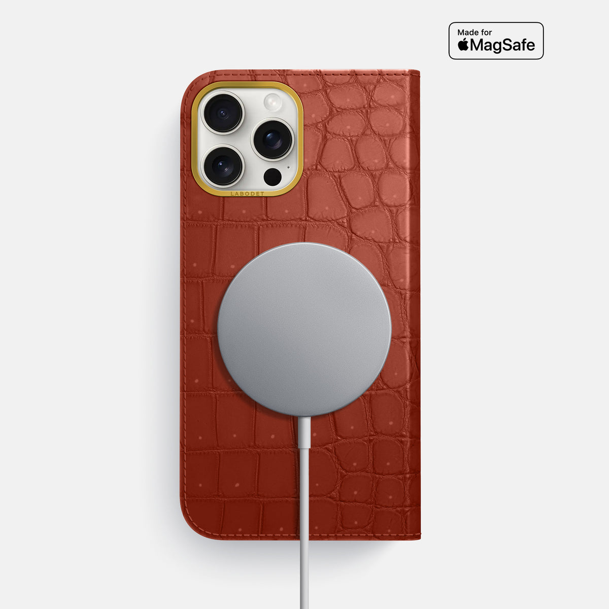 Mahogany-Brown iPhone 16 Pro Max Folio Case Porosus Crocodile with Gold Metal -3 | Mahogany-Brown-Gold