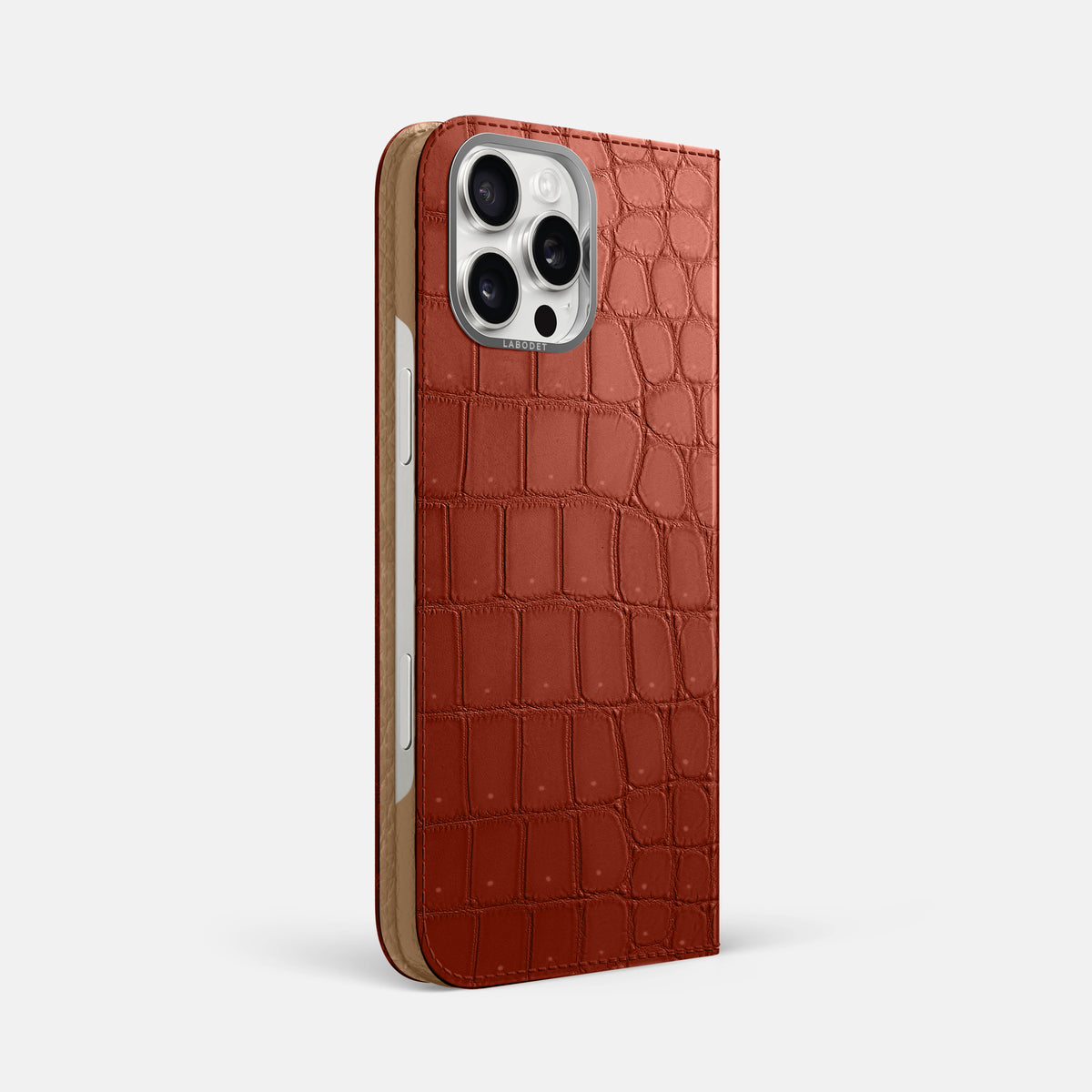 Mahogany-Brown iPhone 16 Pro Max Folio Case Porosus Crocodile with Steel Metal -1 | Mahogany-Brown-Steel