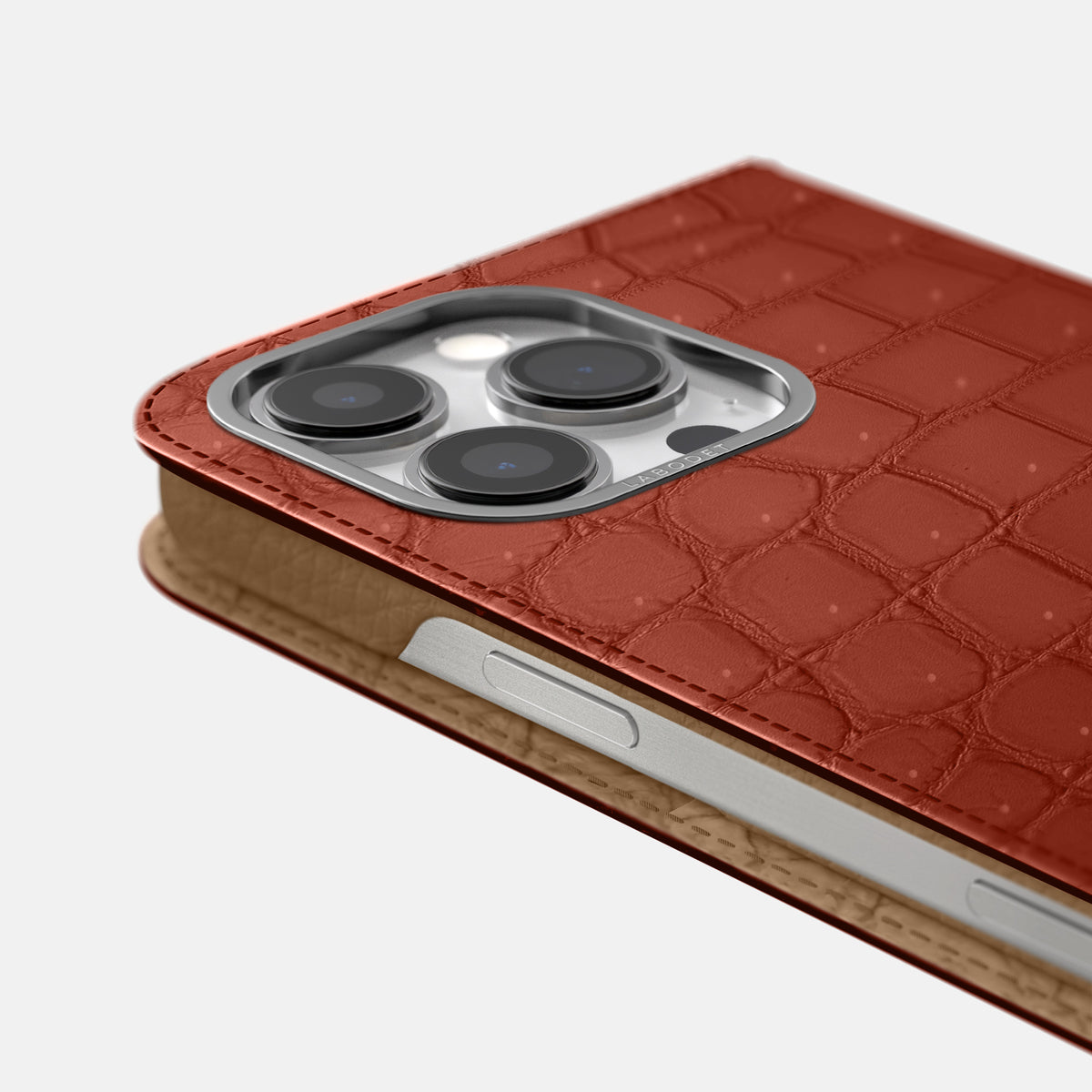 Mahogany-Brown iPhone 16 Pro Max Folio Case Porosus Crocodile with Steel Metal -5 | Mahogany-Brown-Steel