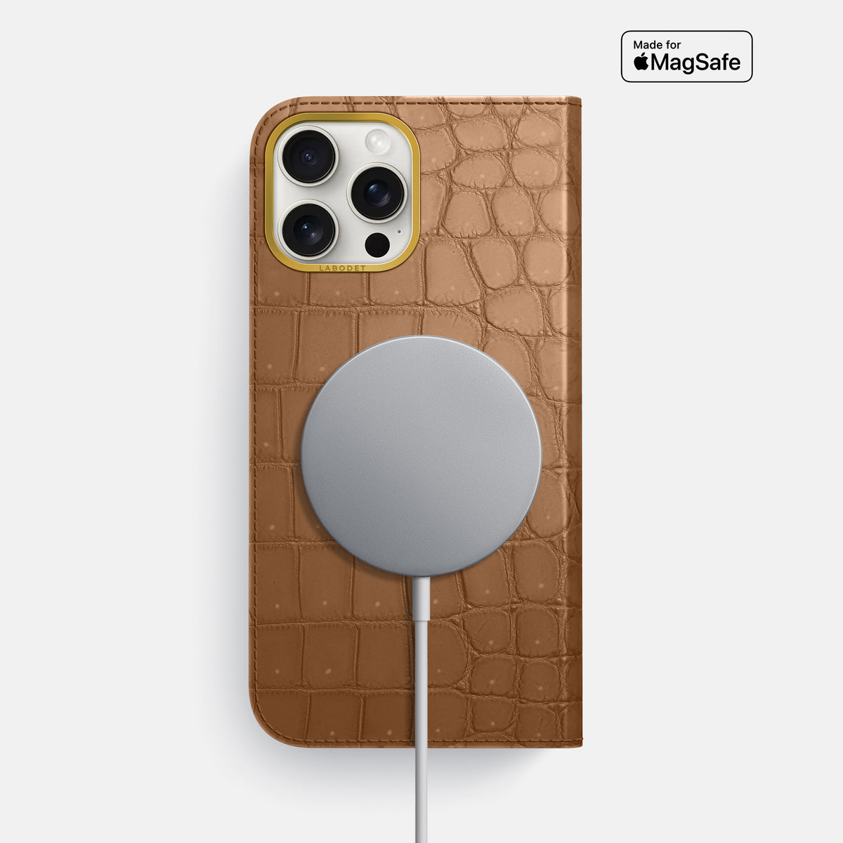 Milk-Chocolate iPhone 16 Pro Max Folio Case Porosus Crocodile with Gold Metal -3 | Milk-Chocolate-Gold