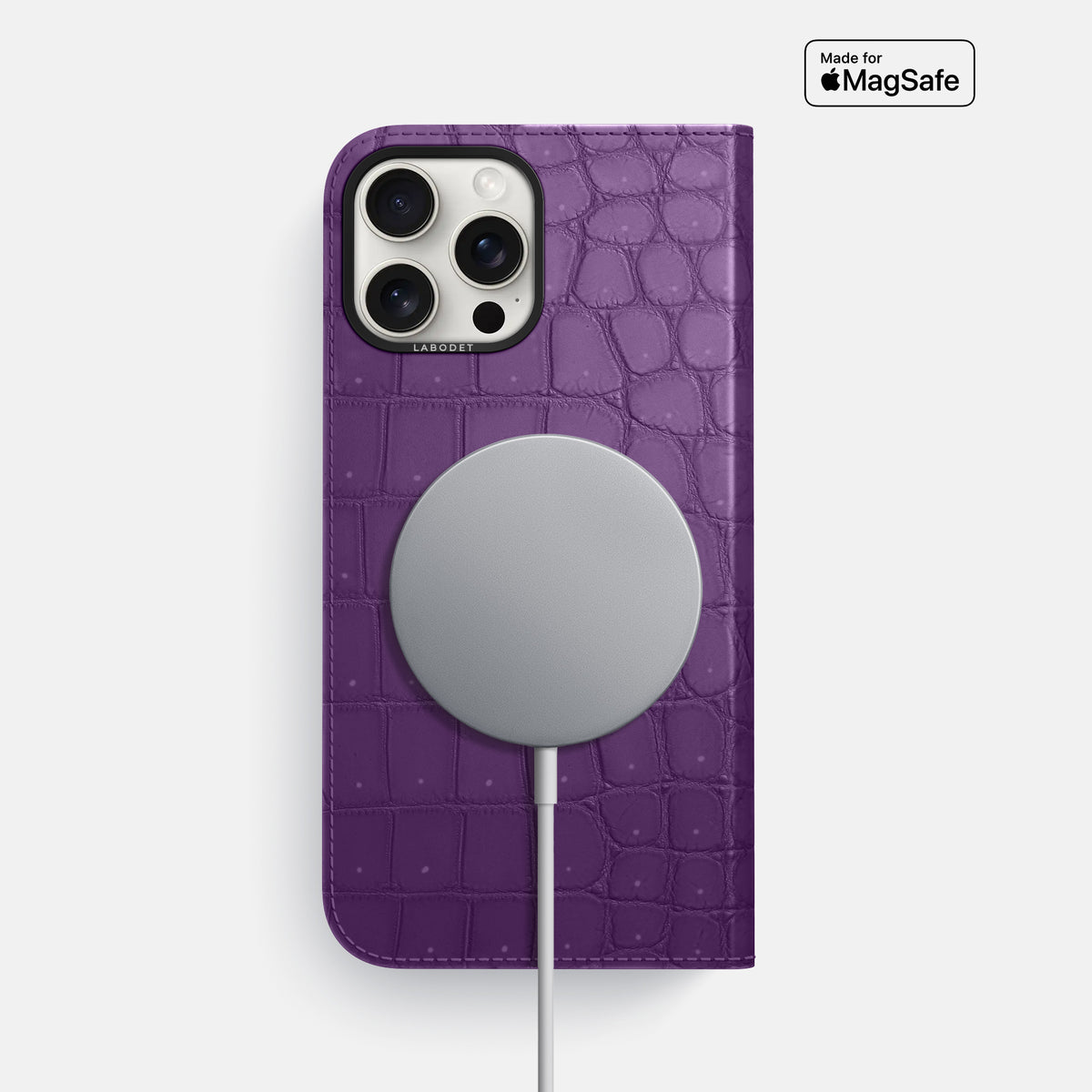 Purple iPhone 16 Pro Max Folio Case Porosus Crocodile with Black Metal -3 | Purple-Black