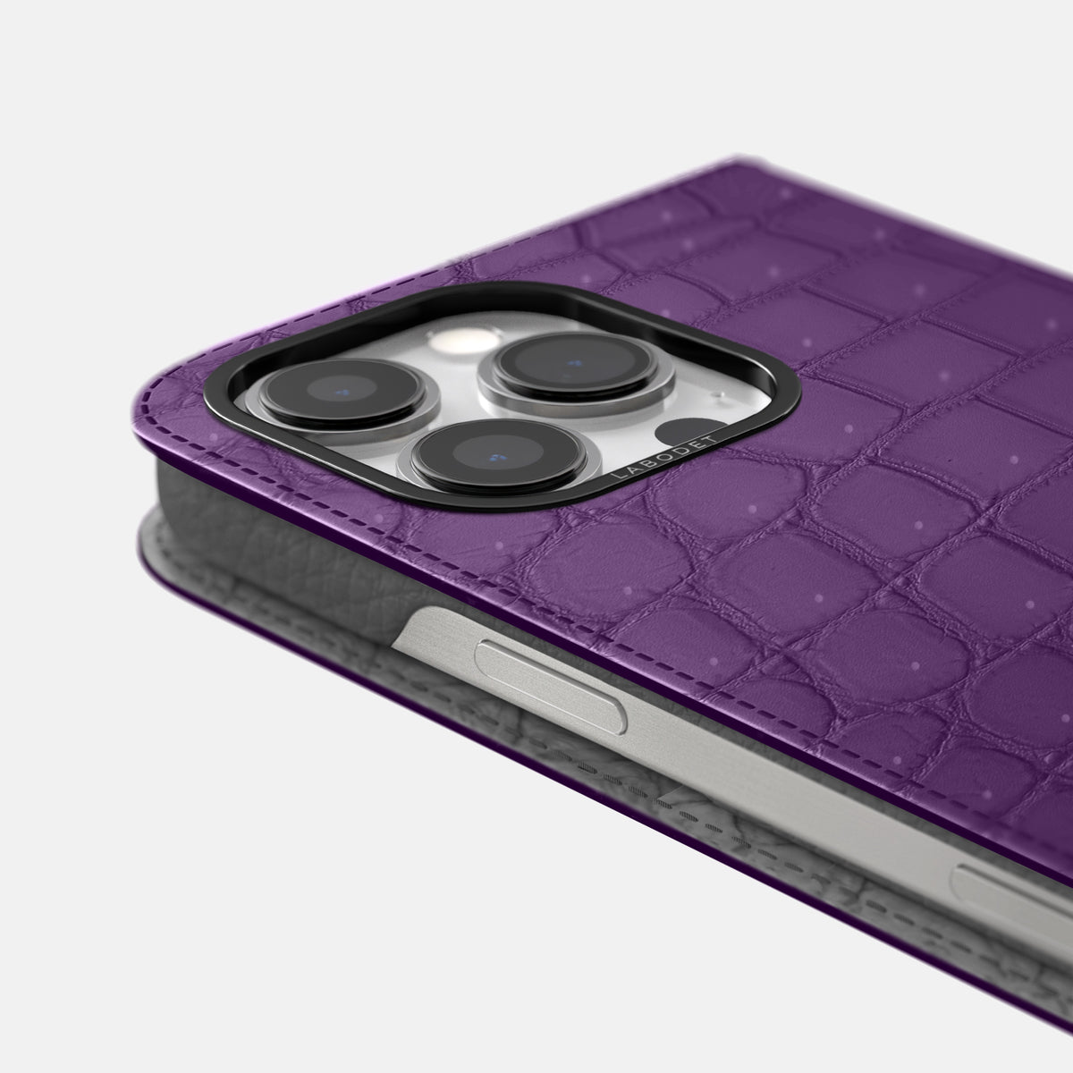 Purple iPhone 16 Pro Max Folio Case Porosus Crocodile with Black Metal -5 | Purple-Black