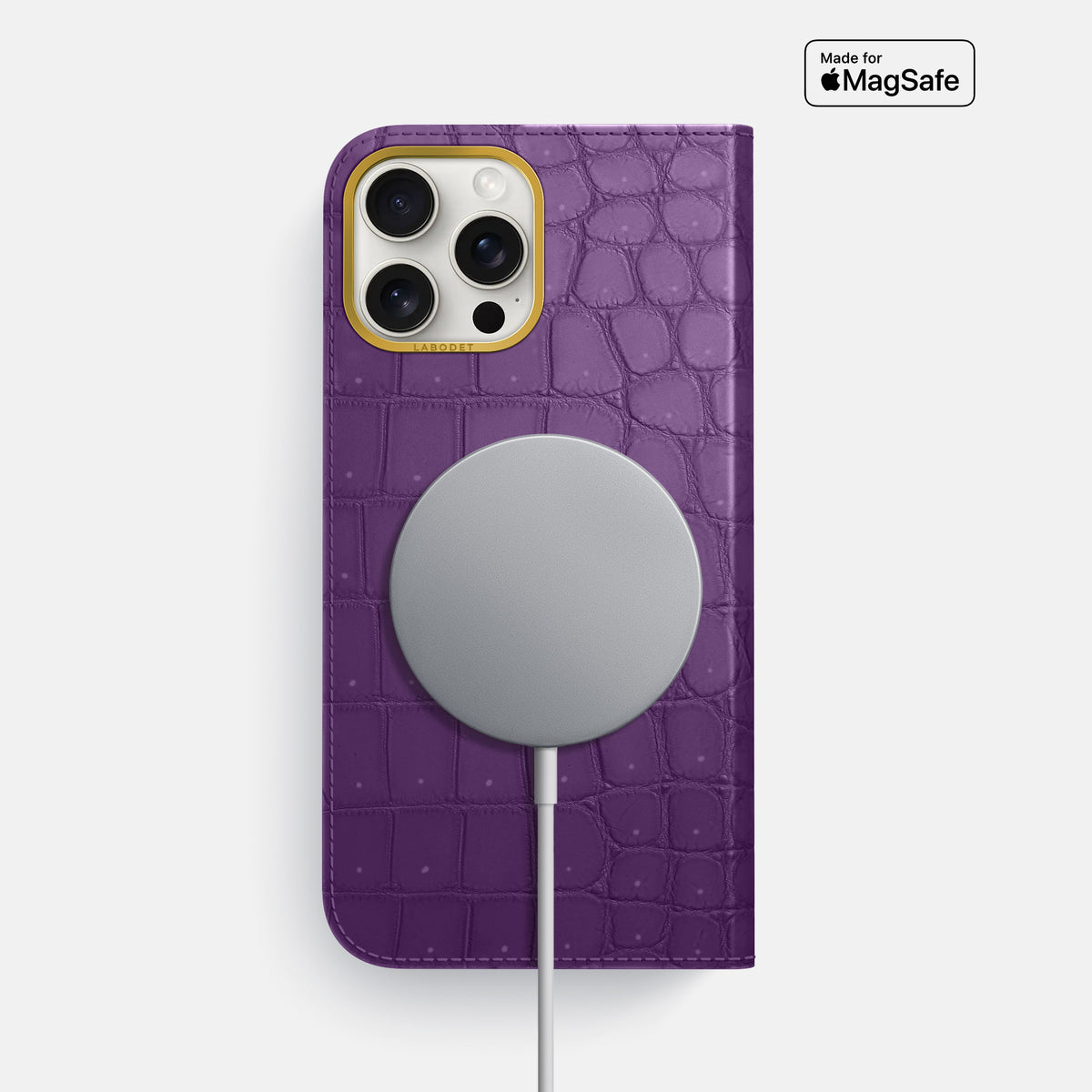 Purple iPhone 16 Pro Max Folio Case Porosus Crocodile with Gold Metal -3 | Purple-Gold