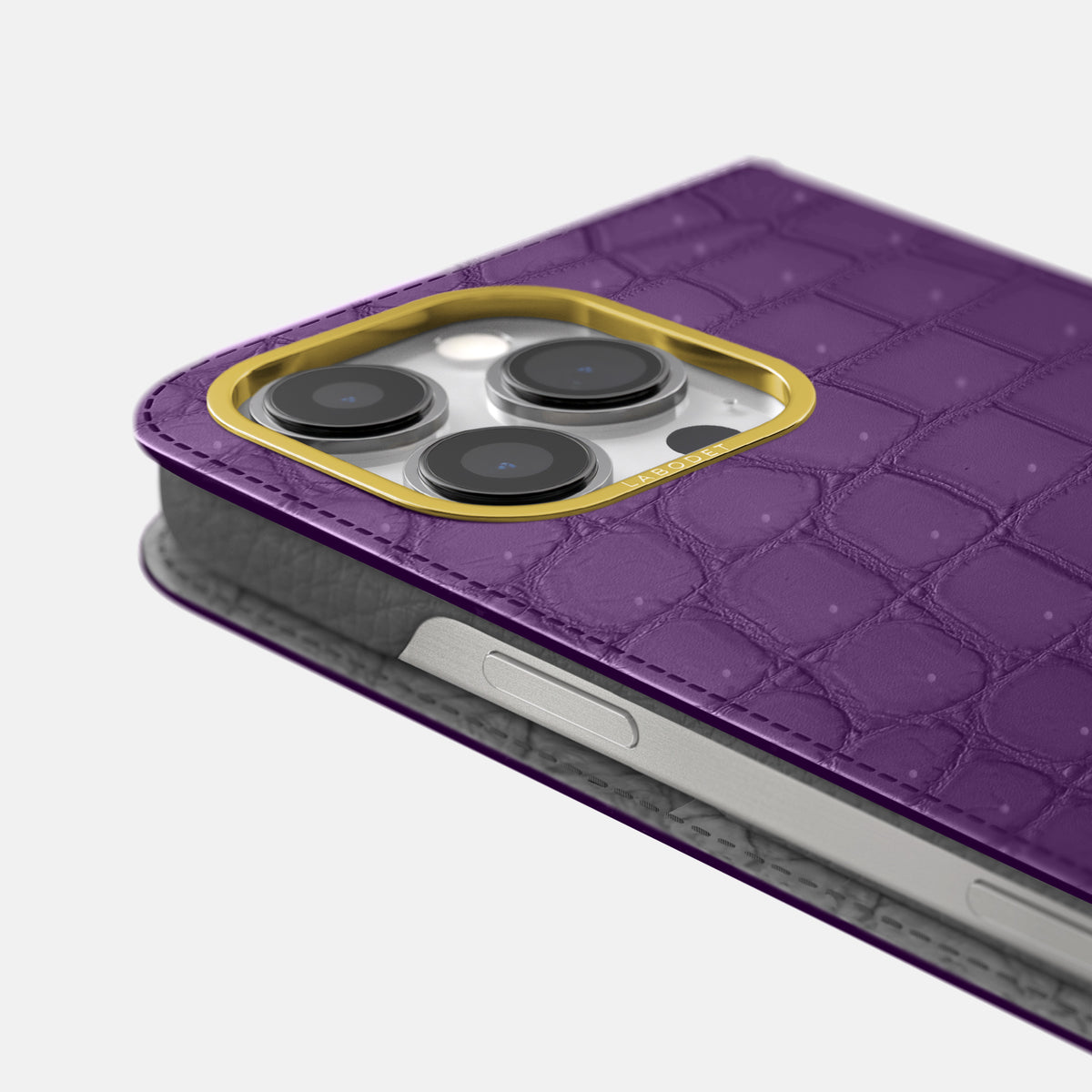Purple iPhone 16 Pro Max Folio Case Porosus Crocodile with Gold Metal -5 | Purple-Gold