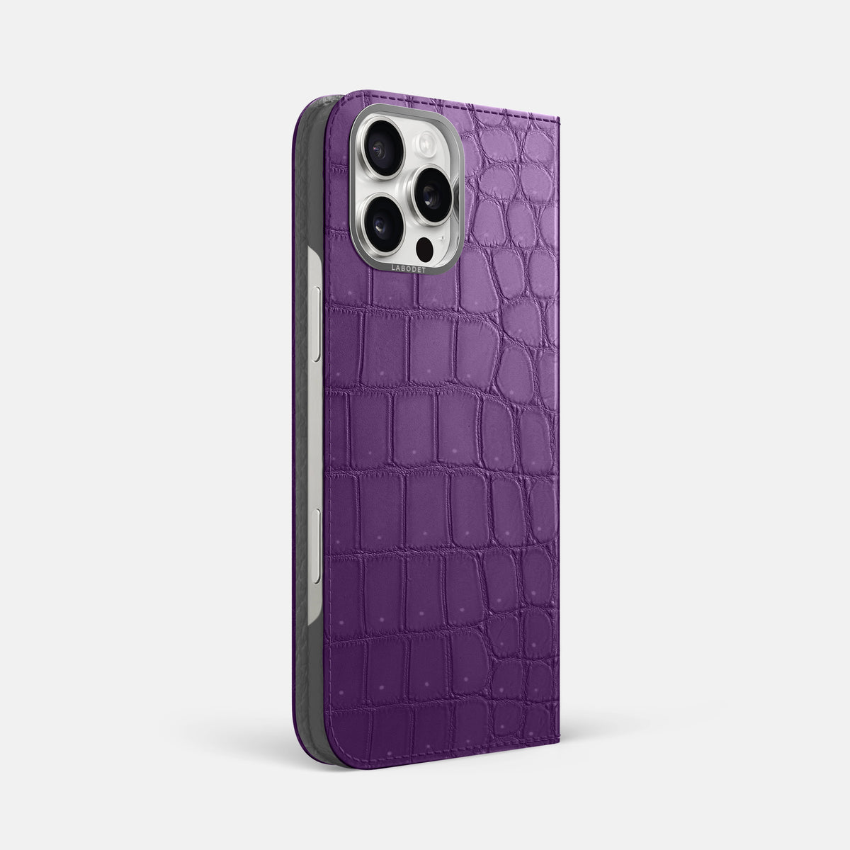 Purple iPhone 16 Pro Max Folio Case Porosus Crocodile with Steel Metal -1 | Purple-Steel
