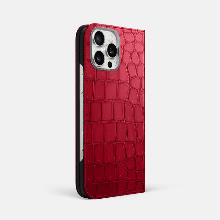 Burgundy iPhone 16 Pro Max Folio Case Porosus Crocodile with Steel Metal -1 | Burgundy-Steel