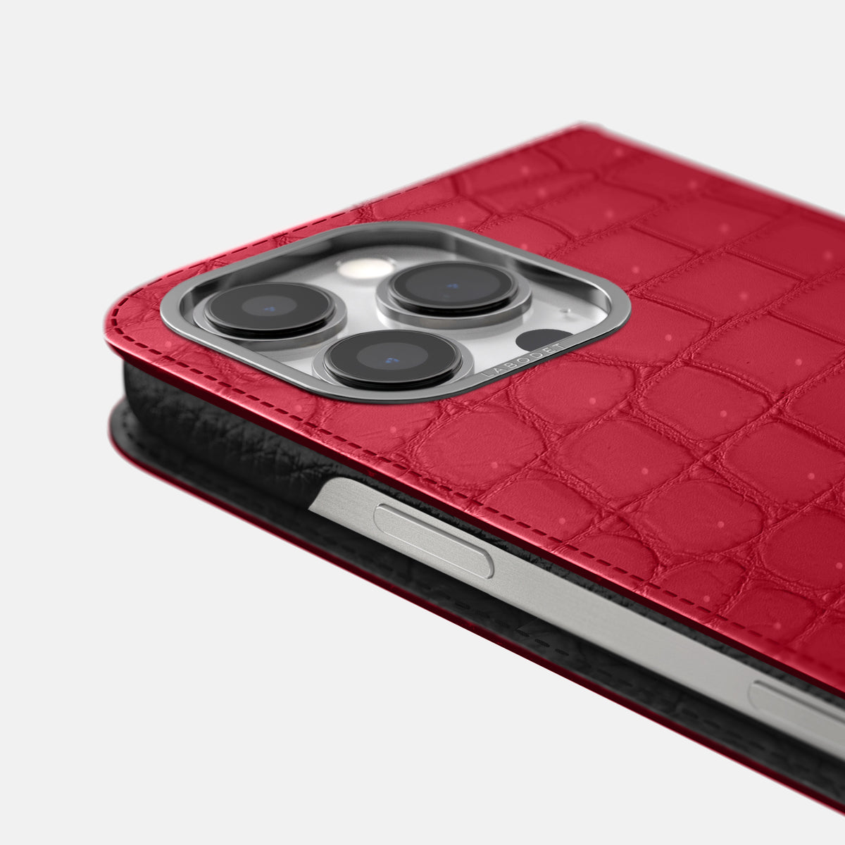 Burgundy iPhone 16 Pro Max Folio Case Porosus Crocodile with Steel Metal -5 | Burgundy-Steel