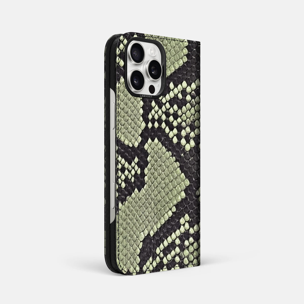 Army Green iPhone 16 Pro Max Folio Case In Python with Black Metal -1 | Army-Green-Black