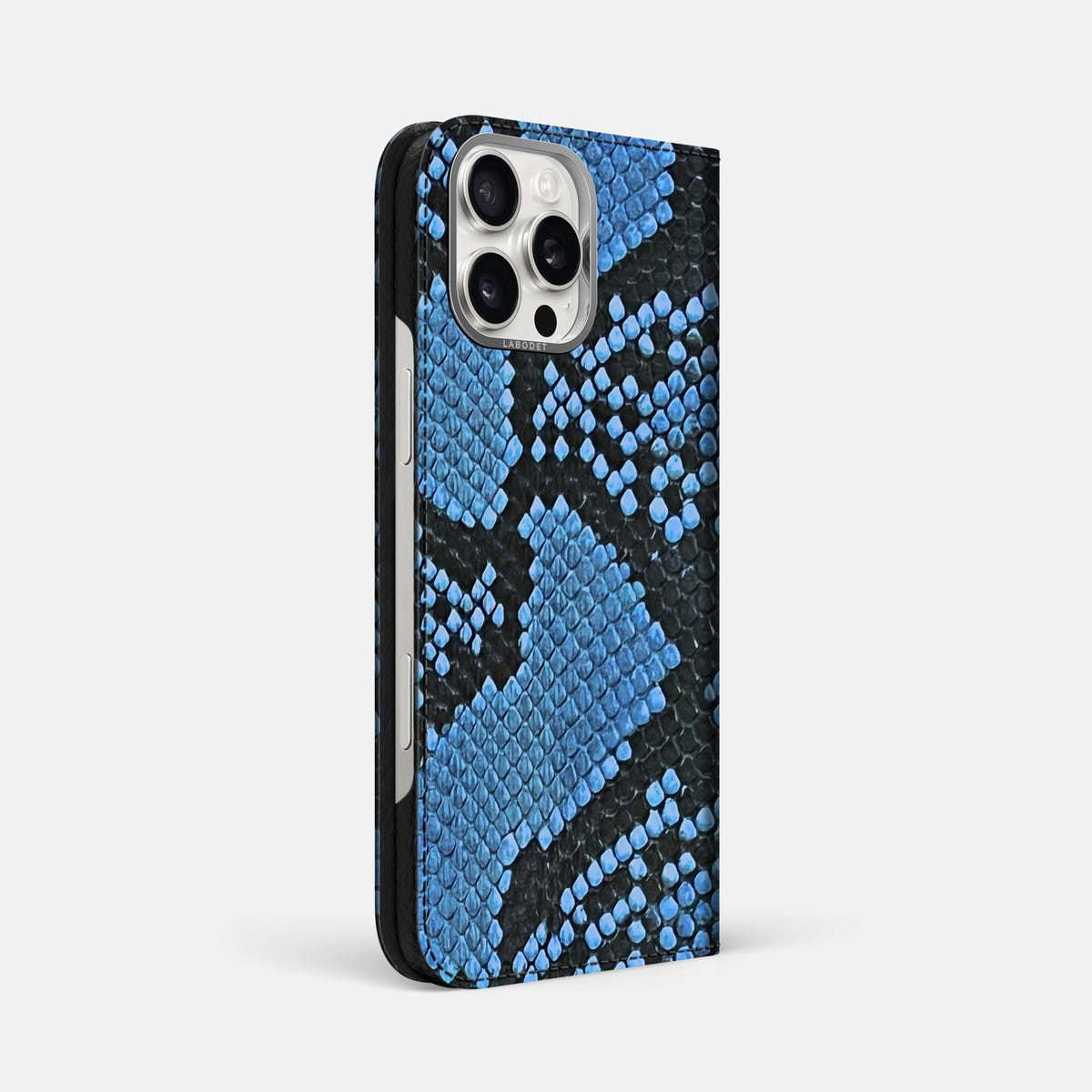 Blue-Jeans iPhone 16 Pro Max Folio Case In Python with Steel Metal -1 | Blue-Jeans-Steel