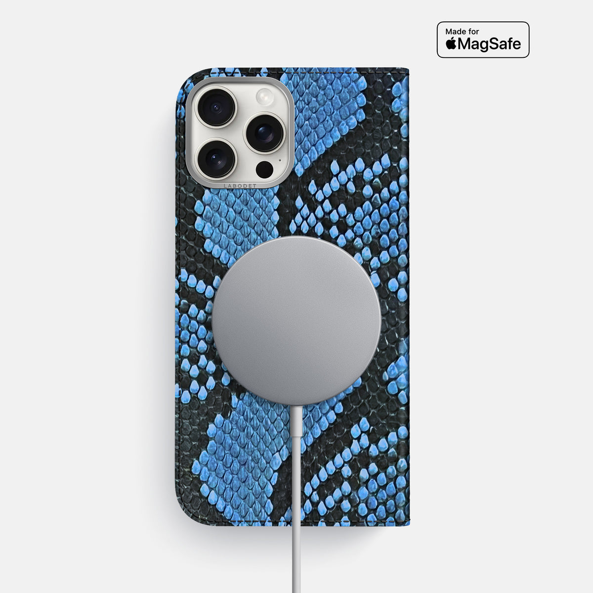 Blue-Jeans iPhone 16 Pro Max Folio Case In Python with Steel Metal -3 | Blue-Jeans-Steel