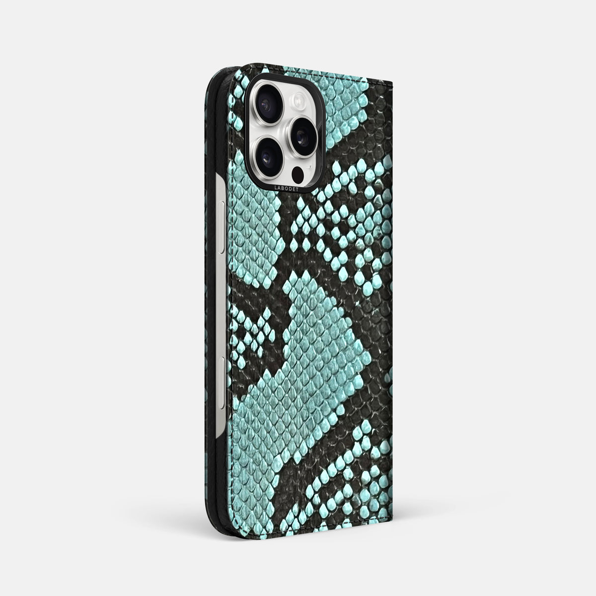 Blue Lagoon iPhone 16 Pro Max Folio Case In Python with Black Metal -1 | Blue-Lagoon-Black