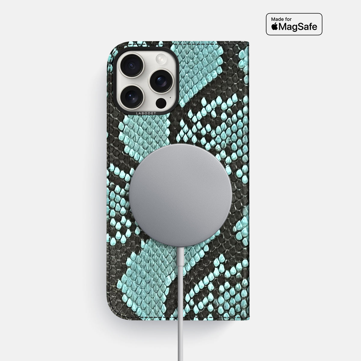 Blue Lagoon iPhone 16 Pro Max Folio Case In Python with Black Metal -3 | Blue-Lagoon-Black