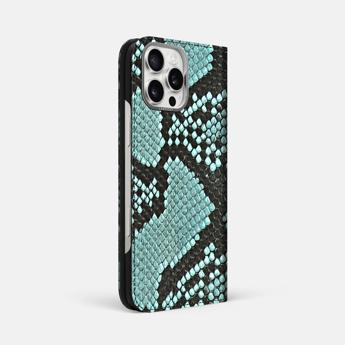 Blue Lagoon iPhone 16 Pro Max Folio Case In Python with Steel Metal -1 | Blue-Lagoon-Steel