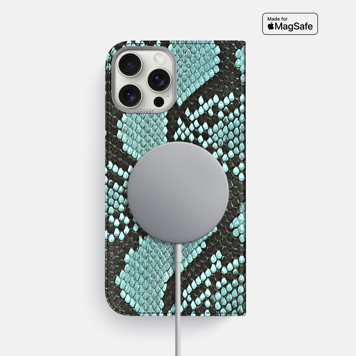 Blue Lagoon iPhone 16 Pro Max Folio Case In Python with Steel Metal -3 | Blue-Lagoon-Steel