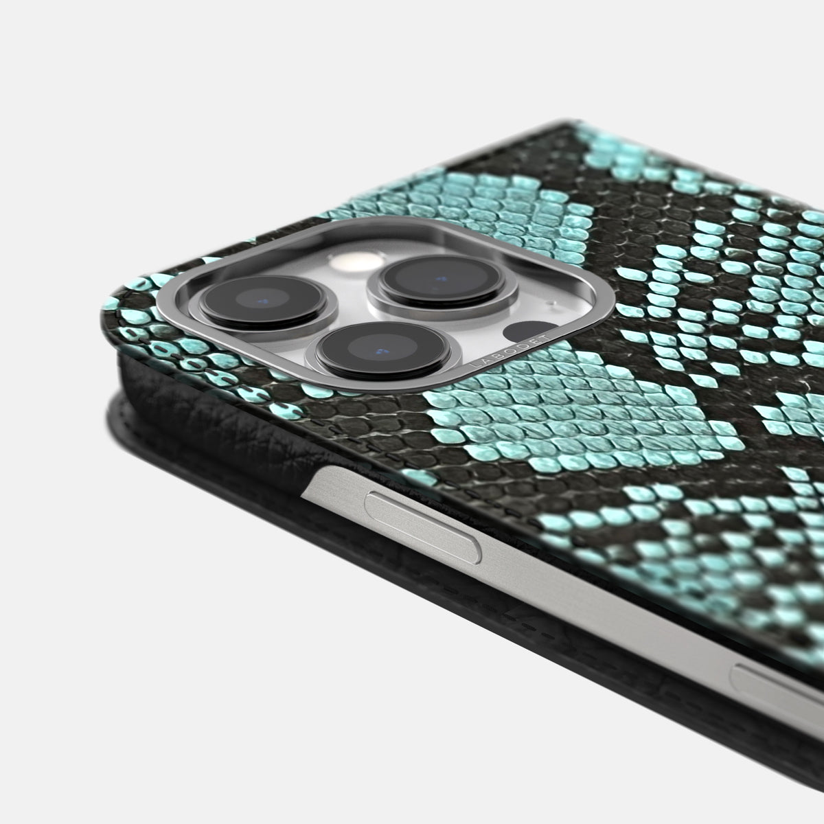 Blue Lagoon iPhone 16 Pro Max Folio Case In Python with Steel Metal -5 | Blue-Lagoon-Steel