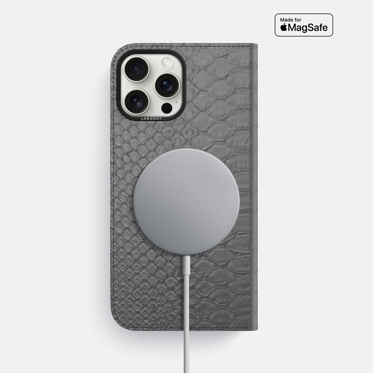 Grey iPhone 16 Pro Max Folio Case Python with Black Metal -3 | Grey-Black