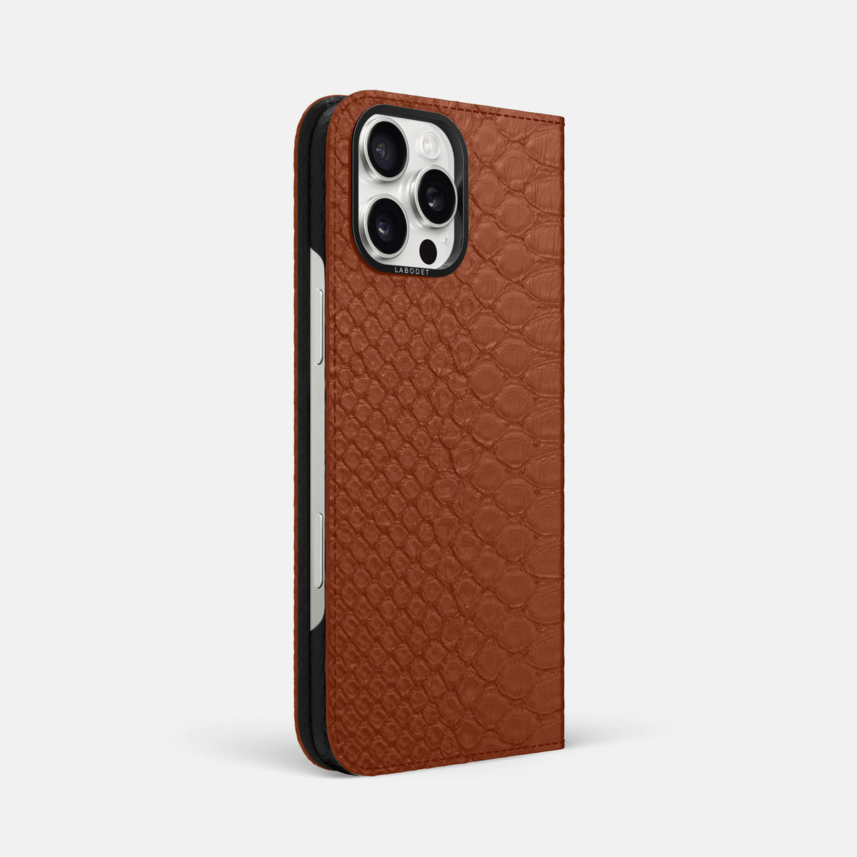 Medium Brown iPhone 16 Pro Max Folio Case Python with Black Metal -1 | Medium-Brown-Black