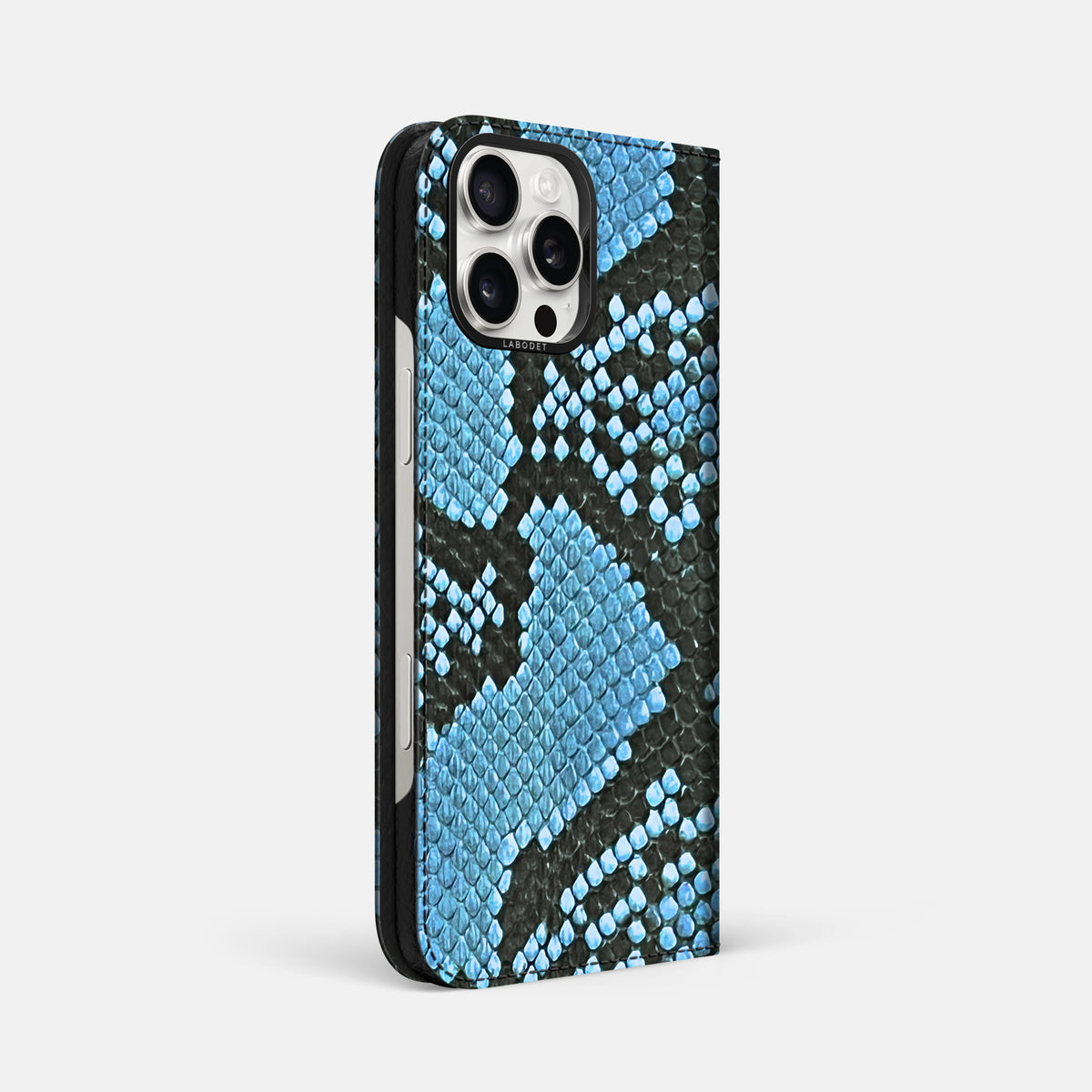 Pacific Blue iPhone 16 Pro Max Folio Case In Python with Black Metal -1 | Pacific-Blue-Black