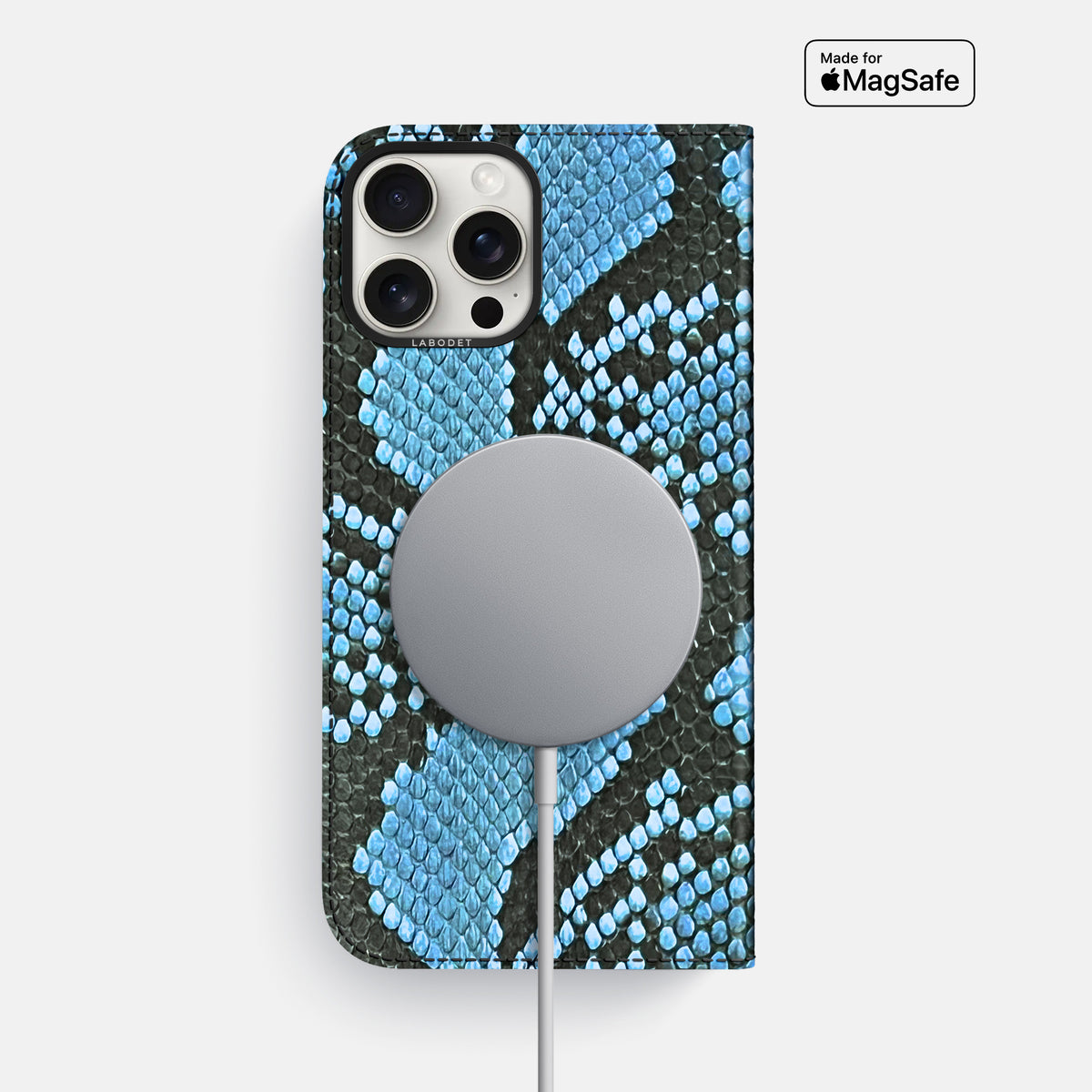 Pacific Blue iPhone 16 Pro Max Folio Case In Python with Black Metal -3 | Pacific-Blue-Black