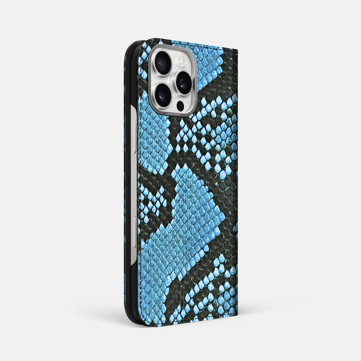Pacific Blue iPhone 16 Pro Max Folio Case In Python with Steel Metal -1 | Pacific-Blue-Steel