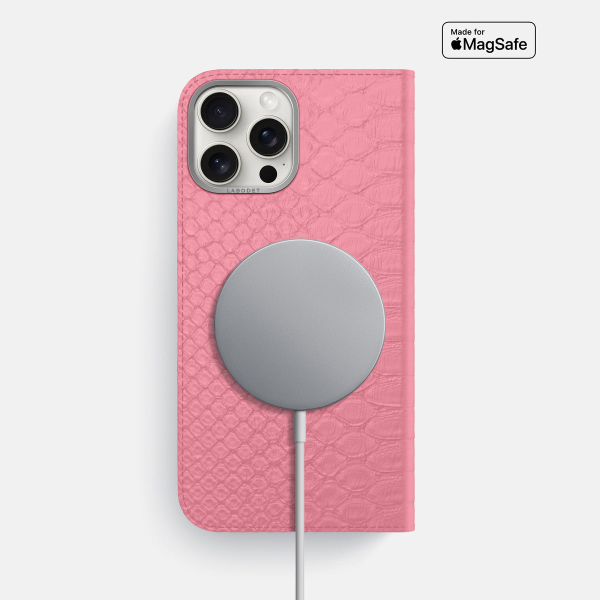 Pink iPhone 16 Pro Max Folio Case Python with Steel Metal -3 | Pink-Steel