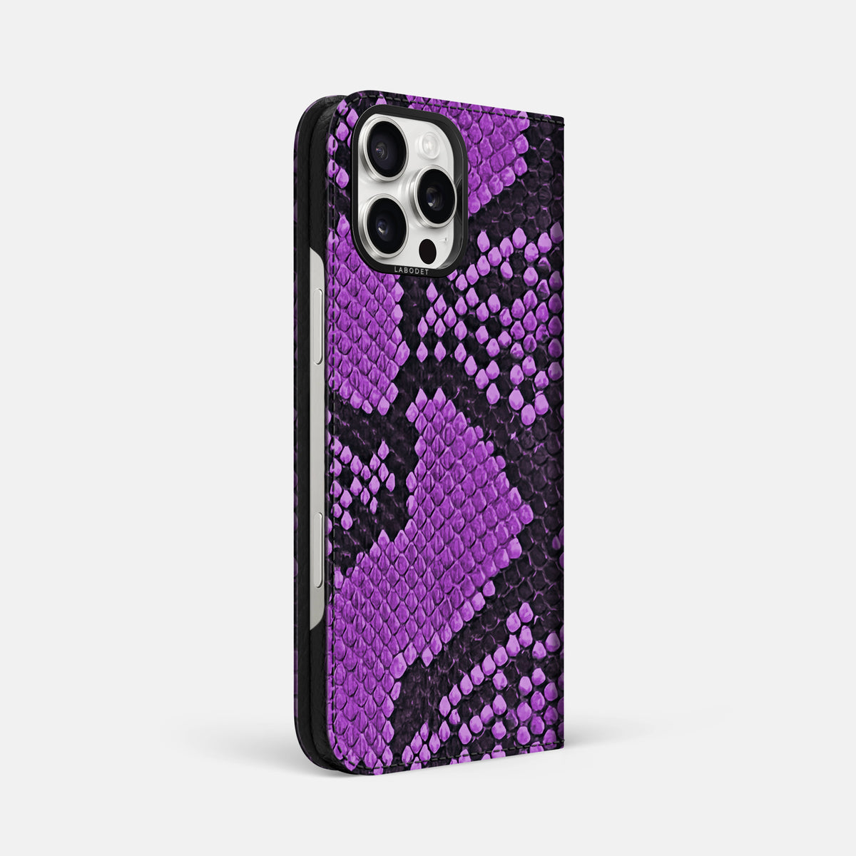 Purple iPhone 16 Pro Max Folio Case In Python with Black Metal -1 | Purple-Black