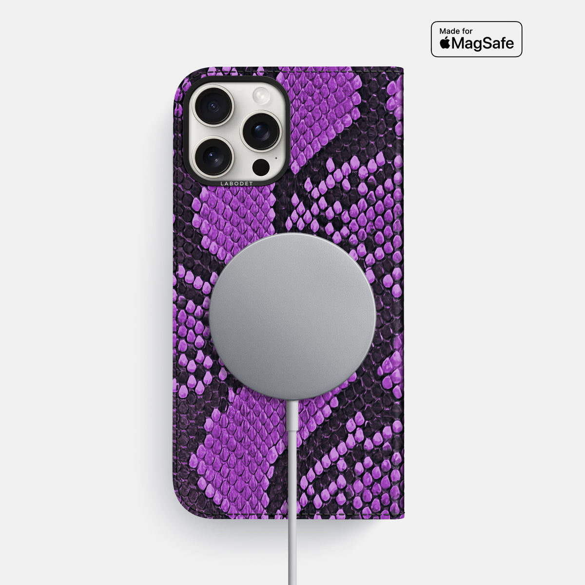 Purple iPhone 16 Pro Max Folio Case In Python with Black Metal -3 | Purple-Black