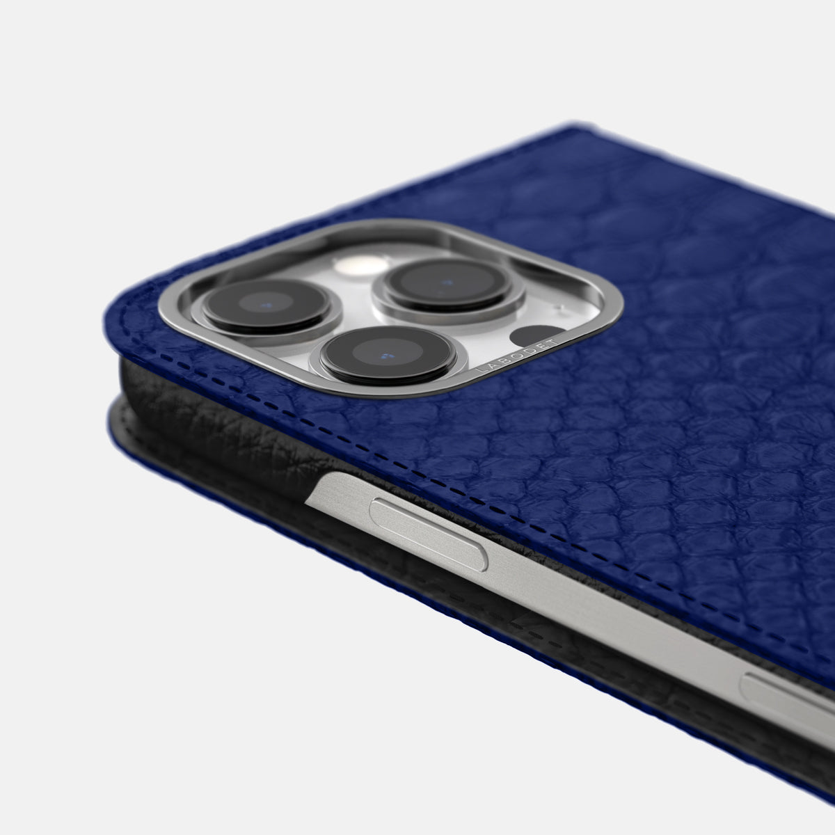 Royal Blue iPhone 16 Pro Max Folio Case Python with Steel Metal -5 | Royal-Blue-Steel