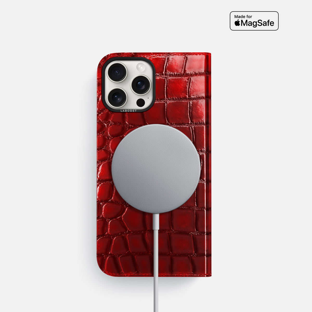 Burgundy iPhone 16 Pro Folio Magsafe Case Patina Alligator with Black Metal -3 | Burgundy-Black