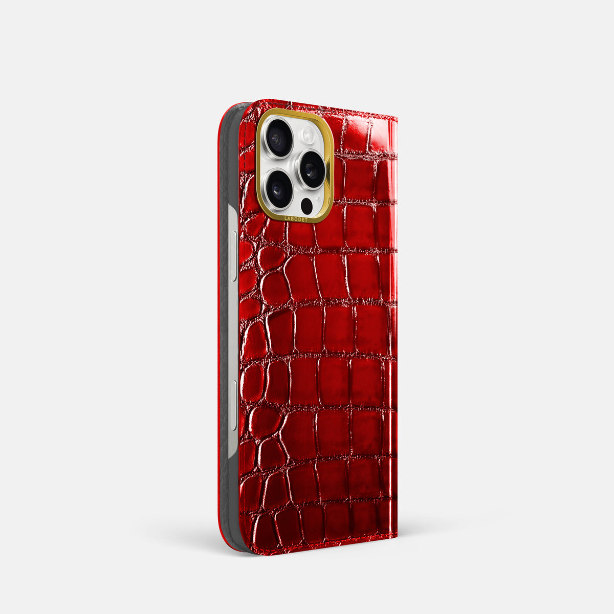 Burgundy iPhone 16 Pro Folio Magsafe Case Patina Alligator with Gold Metal -1 | Burgundy-Gold