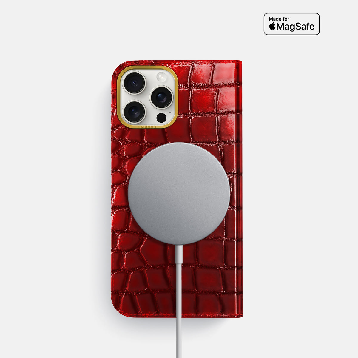 Burgundy iPhone 16 Pro Folio Magsafe Case Patina Alligator with Gold Metal -3 | Burgundy-Gold
