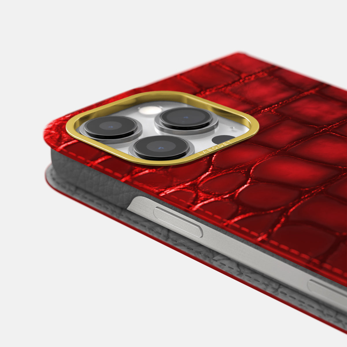 Burgundy iPhone 16 Pro Folio Magsafe Case Patina Alligator with Gold Metal -5 | Burgundy-Gold