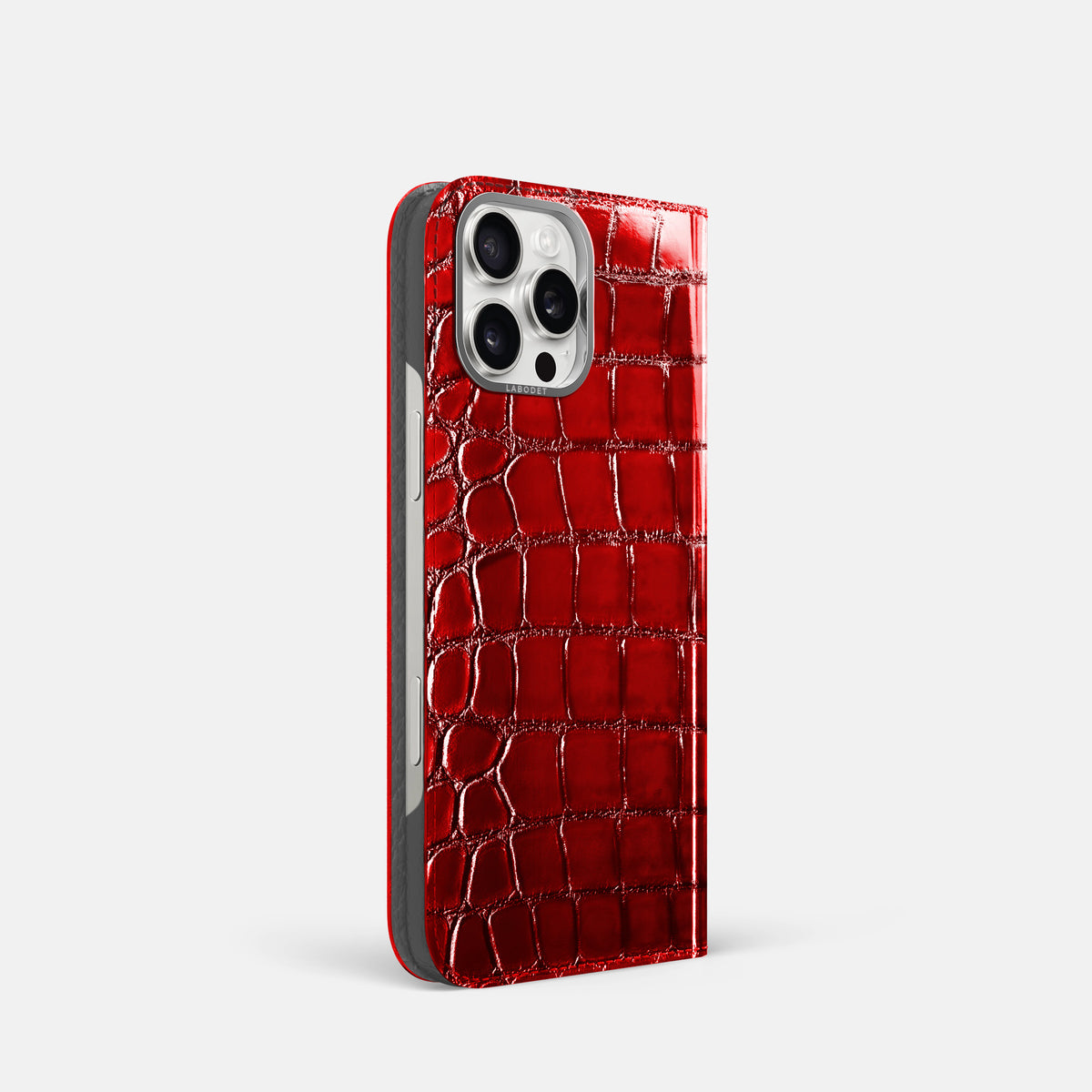 Burgundy iPhone 16 Pro Folio Magsafe Case Patina Alligator with Steel Metal -1 | Burgundy-Steel