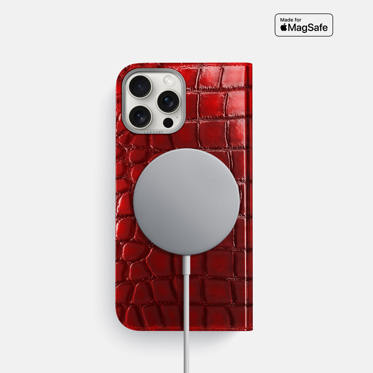 Burgundy iPhone 16 Pro Folio Magsafe Case Patina Alligator with Steel Metal -3 | Burgundy-Steel