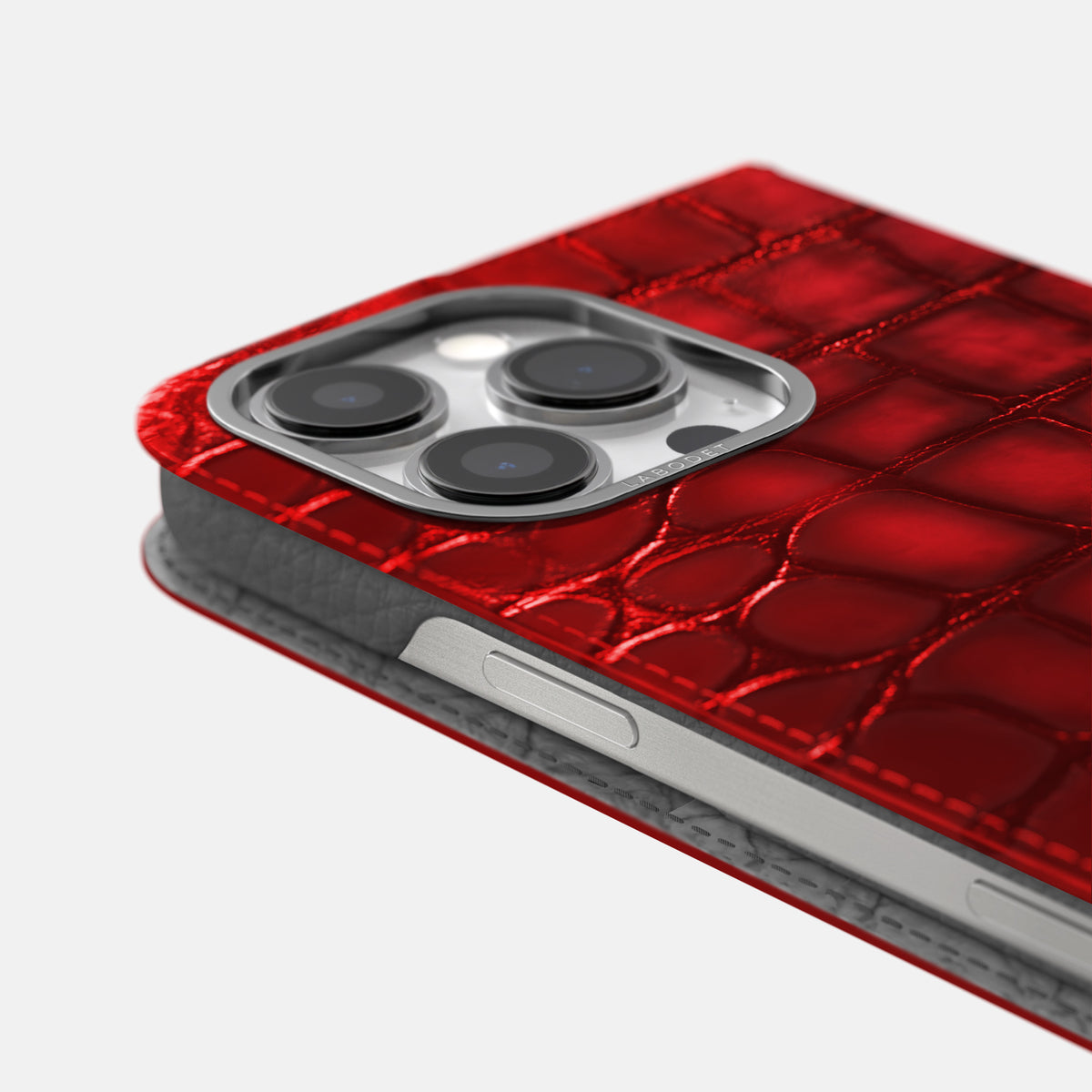 Burgundy iPhone 16 Pro Folio Magsafe Case Patina Alligator with Steel Metal -5 | Burgundy-Steel