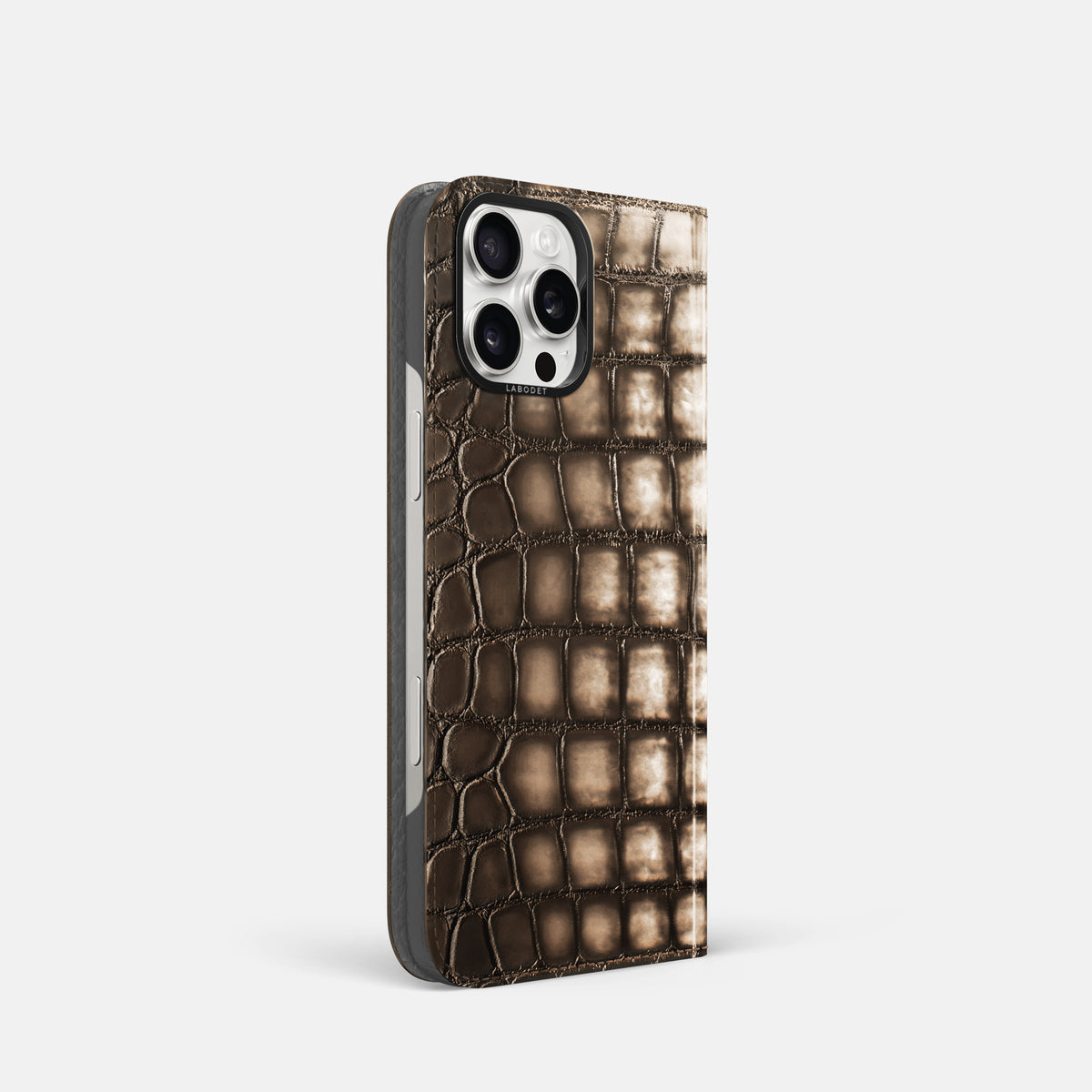 Etoupe iPhone 16 Pro Folio Magsafe Case Patina Alligator with Black Metal -1 | Etoupe-Black