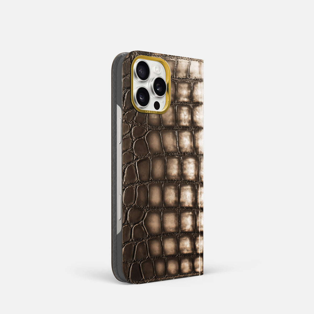Etoupe iPhone 16 Pro Folio Magsafe Case Patina Alligator with Gold Metal -1 | Etoupe-Gold