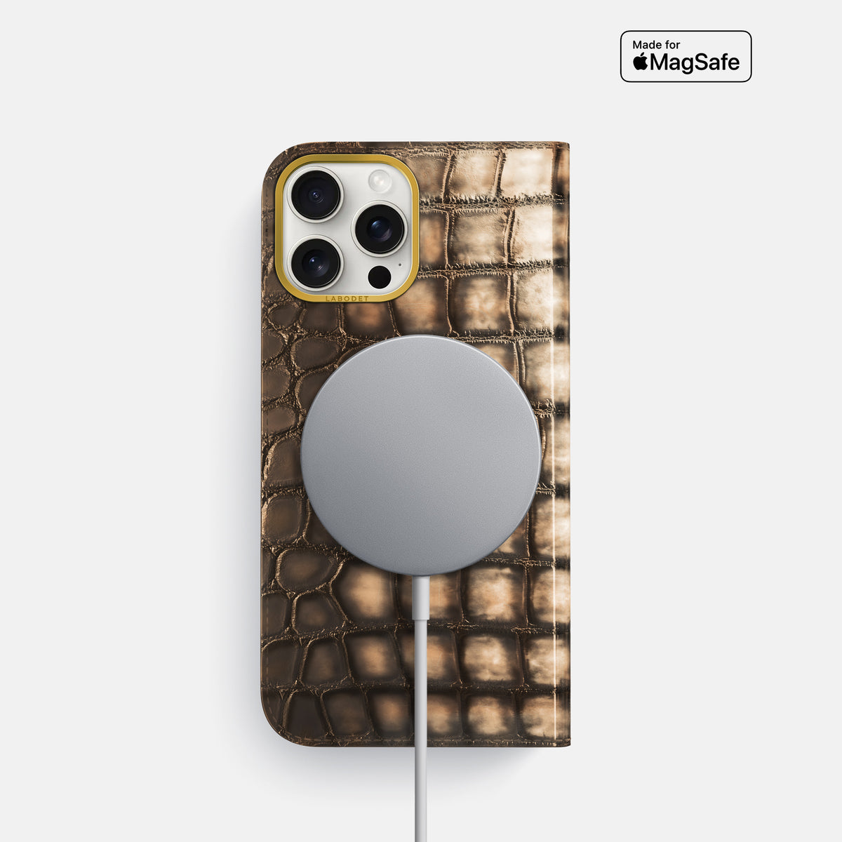 Etoupe iPhone 16 Pro Folio Magsafe Case Patina Alligator with Gold Metal -3 | Etoupe-Gold