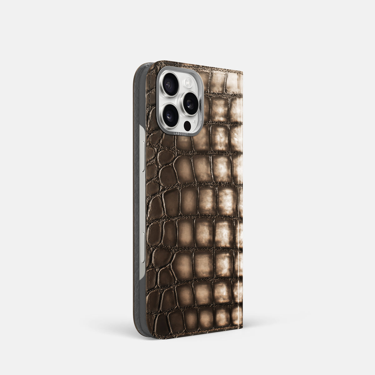 Etoupe iPhone 16 Pro Folio Magsafe Case Patina Alligator with Steel Metal -1 | Etoupe-Steel