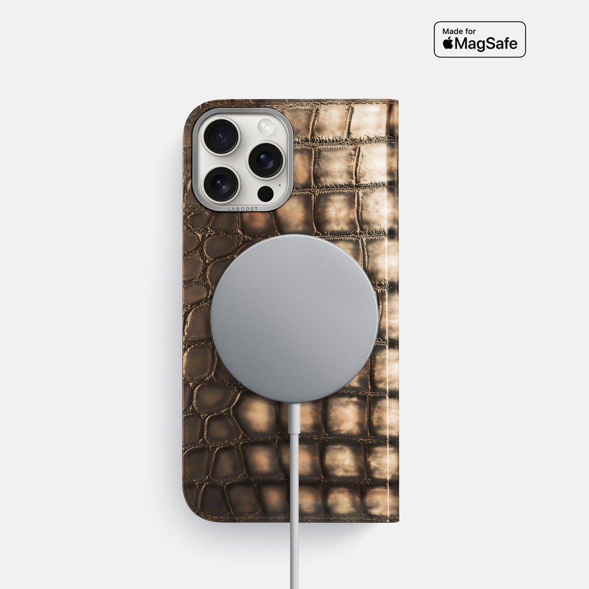Etoupe iPhone 16 Pro Folio Magsafe Case Patina Alligator with Steel Metal -3 | Etoupe-Steel