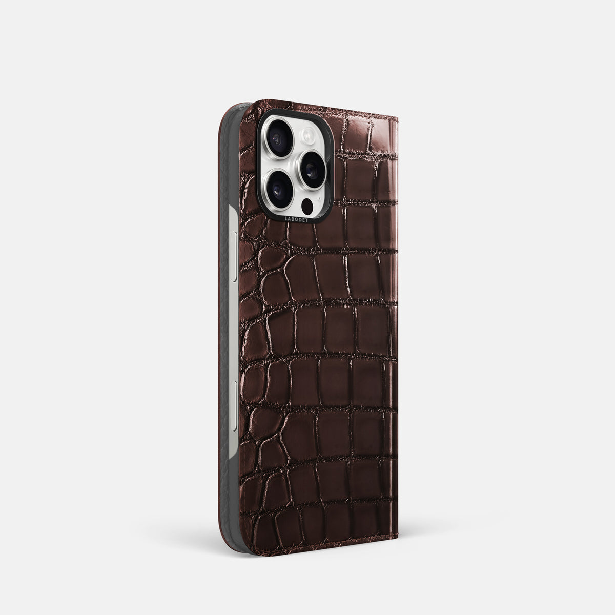 Grape-Wine iPhone 16 Pro Folio Magsafe Case Patina Alligator with Black Metal -1 | Grape-Wine-Black