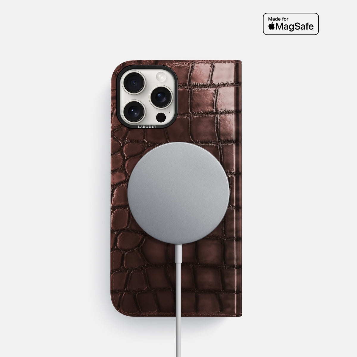 Grape-Wine iPhone 16 Pro Folio Magsafe Case Patina Alligator with Black Metal -3 | Grape-Wine-Black