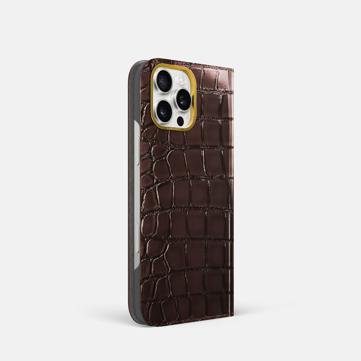 Grape-Wine iPhone 16 Pro Folio Magsafe Case Patina Alligator with Gold Metal -1 | Grape-Wine-Gold