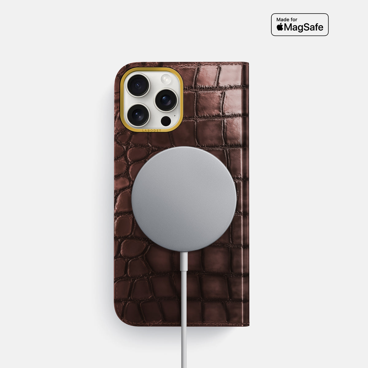 Grape-Wine iPhone 16 Pro Folio Magsafe Case Patina Alligator with Gold Metal -3 | Grape-Wine-Gold