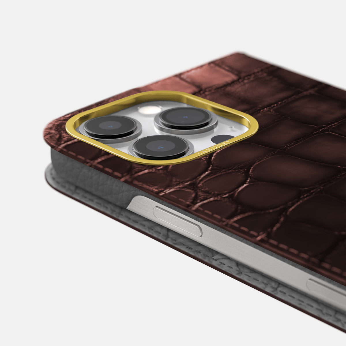 Grape-Wine iPhone 16 Pro Folio Magsafe Case Patina Alligator with Gold Metal -5 | Grape-Wine-Gold