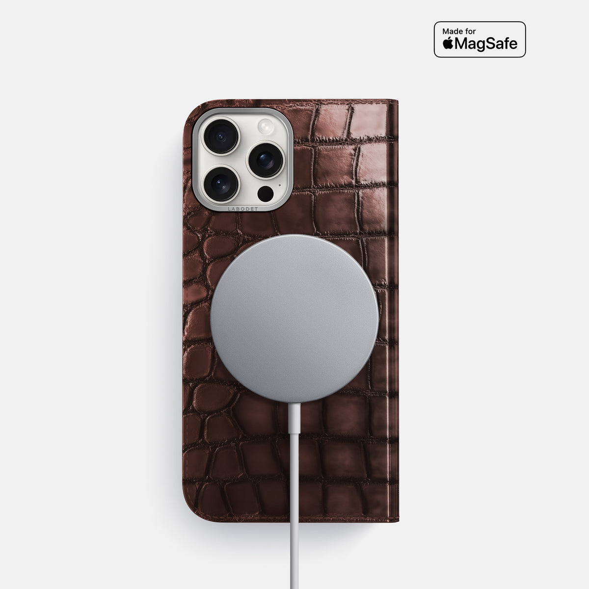 Grape-Wine iPhone 16 Pro Folio Magsafe Case Patina Alligator with Steel Metal -3 | Grape-Wine-Steel