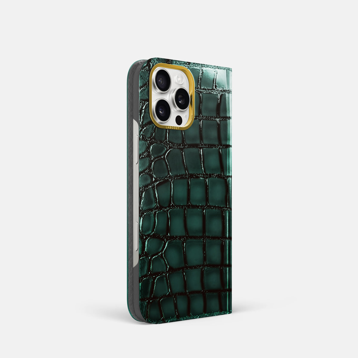 Green iPhone 16 Pro Folio Magsafe Case Patina Alligator with Gold Metal -1 | Green-Gold