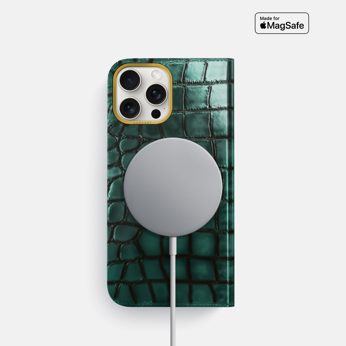 Green iPhone 16 Pro Folio Magsafe Case Patina Alligator with Gold Metal -3 | Green-Gold