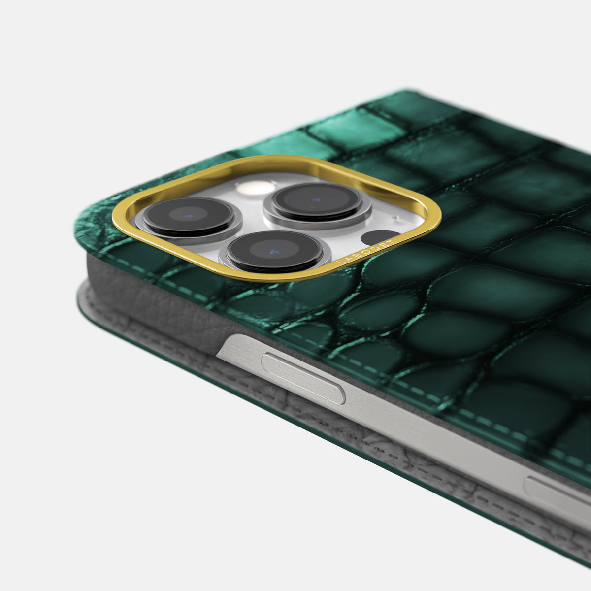 Green iPhone 16 Pro Folio Magsafe Case Patina Alligator with Gold Metal -5 | Green-Gold